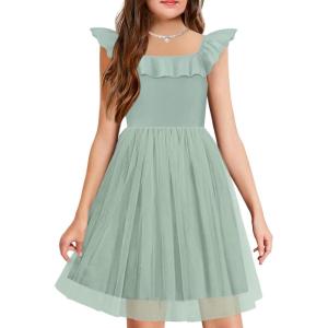 Arshiner Girls Dresses Summer Square Neck Ruffle Sleeve Formal Party Birthday Tulle Dress 6-14 Years(Light Green)