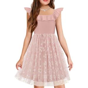 Arshiner Girls Dresses Summer Square Neck Ruffle Sleeve Formal Party Birthday Tulle Dress 6-14 Years(Pink)