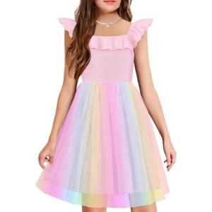 Arshiner Girls Dresses Summer Square Neck Ruffle Sleeve Formal Party Birthday Tulle Dress 6-14 Years(Pink-rainbow)