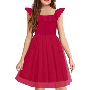 Arshiner Girls Dresses Summer Square Neck Ruffle Sleeve Formal Party Birthday Tulle Dress 6-14 Years(Red)