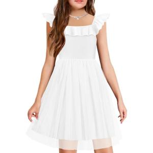 Arshiner Girls Dresses Summer Square Neck Ruffle Sleeve Formal Party Birthday Tulle Dress 6-14 Years(White)