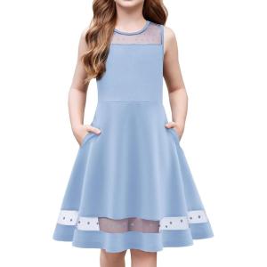 Arshiner Girls Elegant Dresses Sleeveless Round Neck A-line Party Dance Graduation Mesh Dress Size 5-16(Light Blue)