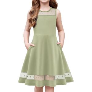 Arshiner Girls Elegant Dresses Sleeveless Round Neck A-line Party Dance Graduation Mesh Dress Size 5-16(Light Green)