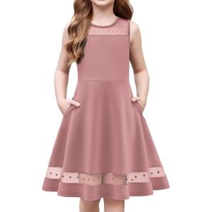 Arshiner Girls Elegant Dresses Sleeveless Round Neck A-line Party Dance Graduation Mesh Dress Size 5-16(Light Pink)