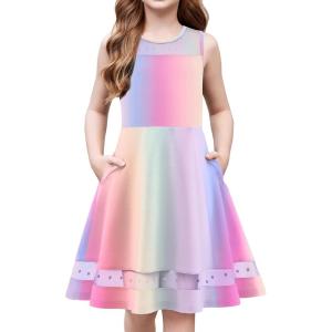Arshiner Girls Elegant Dresses Sleeveless Round Neck A-line Party Dance Graduation Mesh Dress Size 5-16(Rainbow)