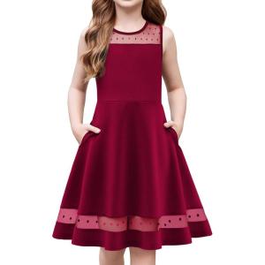 Arshiner Girls Elegant Dresses Sleeveless Round Neck A-line Party Dance Graduation Mesh Dress Size 5-16(Wine Red)