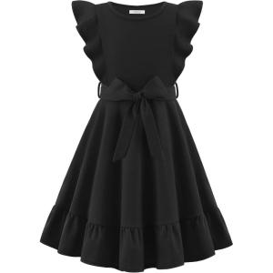 Arshiner Girls Spring Summer Dresses Flutter Sleeve A-line with Belted Pockets Casual Party Dress for Kids 6-16 Years(Black)