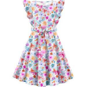 Arshiner Girls Spring Summer Dresses Flutter Sleeve A-line with Belted Pockets Casual Party Dress for Kids 6-16 Years(Colorful Floral)
