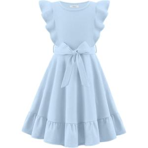 Arshiner Girls Spring Summer Dresses Flutter Sleeve A-line with Belted Pockets Casual Party Dress for Kids 6-16 Years(Light Blue)