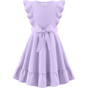 Arshiner Girls Spring Summer Dresses Flutter Sleeve A-line with Belted Pockets Casual Party Dress for Kids 6-16 Years(Lilac)