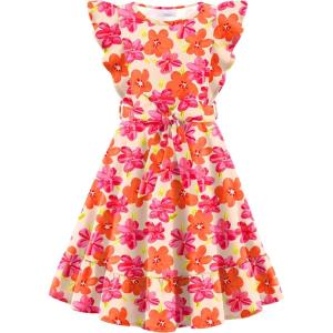 Arshiner Girls Spring Summer Dresses Flutter Sleeve A-line with Belted Pockets Casual Party Dress for Kids 6-16 Years(Orange Floral)