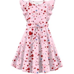 Arshiner Girls Spring Summer Dresses Flutter Sleeve A-line with Belted Pockets Casual Party Dress for Kids 6-16 Years(Pink Heart)