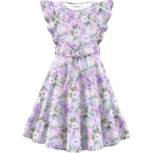 Arshiner Girls Spring Summer Dresses Flutter Sleeve A-line with Belted Pockets Casual Party Dress for Kids 6-16 Years(Purple Floral)