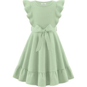Arshiner Girls Spring Summer Dresses Flutter Sleeve A-line with Belted Pockets Casual Party Dress for Kids 6-16 Years(Sage Green)