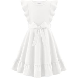 Arshiner Girls Spring Summer Dresses Flutter Sleeve A-line with Belted Pockets Casual Party Dress for Kids 6-16 Years(White)