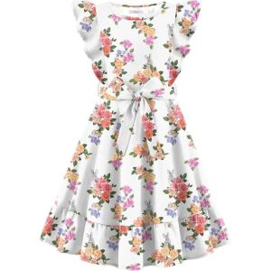Arshiner Girls Spring Summer Dresses Flutter Sleeve A-line with Belted Pockets Casual Party Dress for Kids 6-16 Years(White Floral)