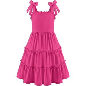 Arshiner Girls Summer Dress Tween Boho Casual Bowknot Strap Sleeveless Swing Flowy Ruffle Tiered Sundresses with Pockets(Hot Pink)