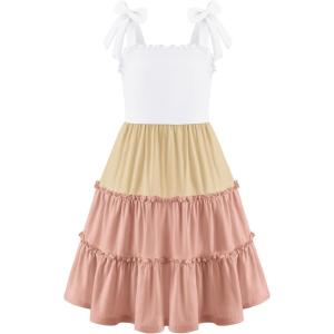 Arshiner Girls Summer Dress Tween Boho Casual Bowknot Strap Sleeveless Swing Flowy Ruffle Tiered Sundresses with Pockets(Khaki Color Block)