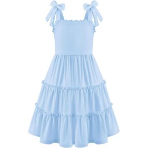Arshiner Girls Summer Dress Tween Boho Casual Bowknot Strap Sleeveless Swing Flowy Ruffle Tiered Sundresses with Pockets(Light Blue)