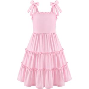Arshiner Girls Summer Dress Tween Boho Casual Bowknot Strap Sleeveless Swing Flowy Ruffle Tiered Sundresses with Pockets(Pink)