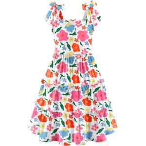 Arshiner Girls Summer Dress Tween Boho Casual Bowknot Strap Sleeveless Swing Flowy Ruffle Tiered Sundresses with Pockets(Pink Blue Floral)