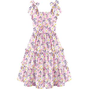 Arshiner Girls Summer Dress Tween Boho Casual Bowknot Strap Sleeveless Swing Flowy Ruffle Tiered Sundresses with Pockets(Pink Floral)