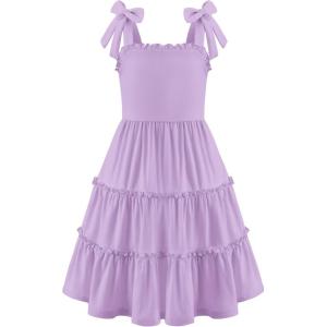 Arshiner Girls Summer Dress Tween Boho Casual Bowknot Strap Sleeveless Swing Flowy Ruffle Tiered Sundresses with Pockets(Purple)