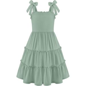Arshiner Girls Summer Dress Tween Boho Casual Bowknot Strap Sleeveless Swing Flowy Ruffle Tiered Sundresses with Pockets(Sage Green)