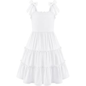 Arshiner Girls Summer Dress Tween Boho Casual Bowknot Strap Sleeveless Swing Flowy Ruffle Tiered Sundresses with Pockets(White)