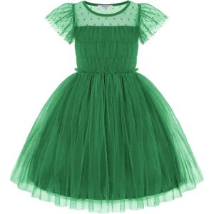 Arshiner Little Girl Dresses Contrast Mesh Ruffle Sleeve Birthday Holiday Princess Toddler Tulle Dress for 2-7 Years Old(Green)