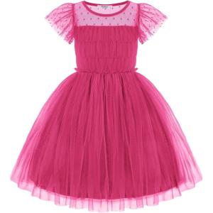 Arshiner Little Girl Dresses Contrast Mesh Ruffle Sleeve Birthday Holiday Princess Toddler Tulle Dress for 2-7 Years Old(Hot Pink)