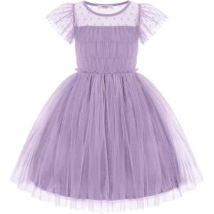 Arshiner Little Girl Dresses Contrast Mesh Ruffle Sleeve Birthday Holiday Princess Toddler Tulle Dress for 2-7 Years Old(Lavender)