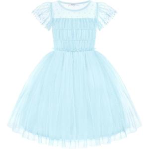 Arshiner Little Girl Dresses Contrast Mesh Ruffle Sleeve Birthday Holiday Princess Toddler Tulle Dress for 2-7 Years Old(Light Blue)