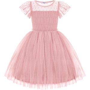 Arshiner Little Girl Dresses Contrast Mesh Ruffle Sleeve Birthday Holiday Princess Toddler Tulle Dress for 2-7 Years Old(Light Pink)