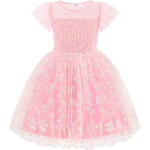 Arshiner Little Girl Dresses Contrast Mesh Ruffle Sleeve Birthday Holiday Princess Toddler Tulle Dress for 2-7 Years Old(Pink Floral)