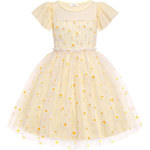 Arshiner Little Girl Dresses Contrast Mesh Ruffle Sleeve Birthday Holiday Princess Toddler Tulle Dress for 2-7 Years Old(Plaid Yellow)