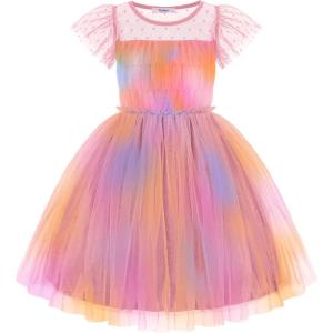 Arshiner Little Girl Dresses Contrast Mesh Ruffle Sleeve Birthday Holiday Princess Toddler Tulle Dress for 2-7 Years Old(Tie Dye)