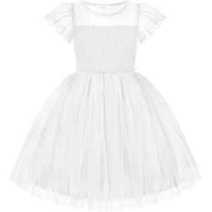 Arshiner Little Girl Dresses Contrast Mesh Ruffle Sleeve Birthday Holiday Princess Toddler Tulle Dress for 2-7 Years Old(White)