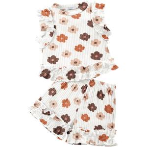 Arshiner Toddler Girls Clothes Ribbed Knit Ruffle Sleeveless Tops and Shorts with Pockets Cute Summer 2 Pieces Short Sets(Floral Print-b)