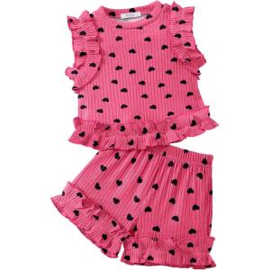Arshiner Toddler Girls Clothes Ribbed Knit Ruffle Sleeveless Tops and Shorts with Pockets Cute Summer 2 Pieces Short Sets(Heart Pattern)