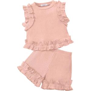 Arshiner Toddler Girls Clothes Ribbed Knit Ruffle Sleeveless Tops and Shorts with Pockets Cute Summer 2 Pieces Short Sets(Light Pink)