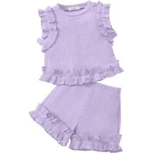 Arshiner Toddler Girls Clothes Ribbed Knit Ruffle Sleeveless Tops and Shorts with Pockets Cute Summer 2 Pieces Short Sets(Light Purple)