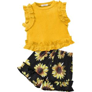 Arshiner Toddler Girls Clothes Ribbed Knit Ruffle Sleeveless Tops and Shorts with Pockets Cute Summer 2 Pieces Short Sets(Yellow&sunflower)