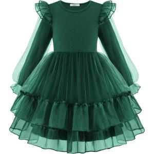 Arshiner Toddler Girls Tiered Tutu Dress Fall Formal Party Birthday Princess Long Sleeve Tulle Dresses(Green)