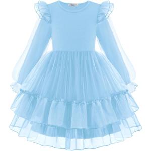 Arshiner Toddler Girls Tiered Tutu Dress Fall Formal Party Birthday Princess Long Sleeve Tulle Dresses(Light Blue)