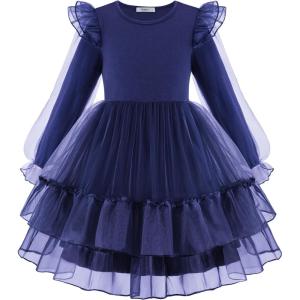 Arshiner Toddler Girls Tiered Tutu Dress Fall Formal Party Birthday Princess Long Sleeve Tulle Dresses(Navy Blue)