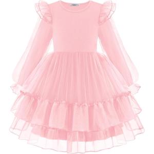Arshiner Toddler Girls Tiered Tutu Dress Fall Formal Party Birthday Princess Long Sleeve Tulle Dresses(Pink)