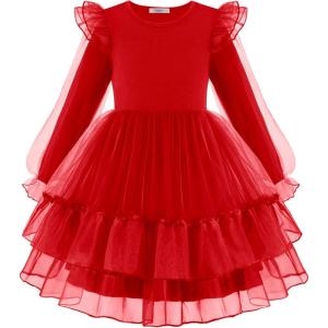 Arshiner Toddler Girls Tiered Tutu Dress Fall Formal Party Birthday Princess Long Sleeve Tulle Dresses(Red)