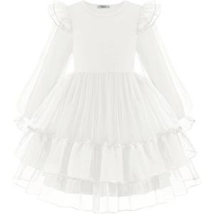 Arshiner Toddler Girls Tiered Tutu Dress Fall Formal Party Birthday Princess Long Sleeve Tulle Dresses(White)