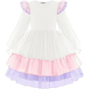 Arshiner Toddler Girls Tiered Tutu Dress Fall Formal Party Birthday Princess Long Sleeve Tulle Dresses(White Pink Purple Gradient)
